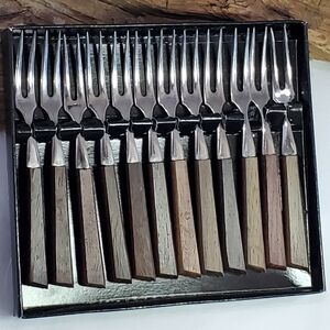 Vintage Japan Stainless & Wood Cocktail Forks Mini NIB hors d'oeuvre Set of 12